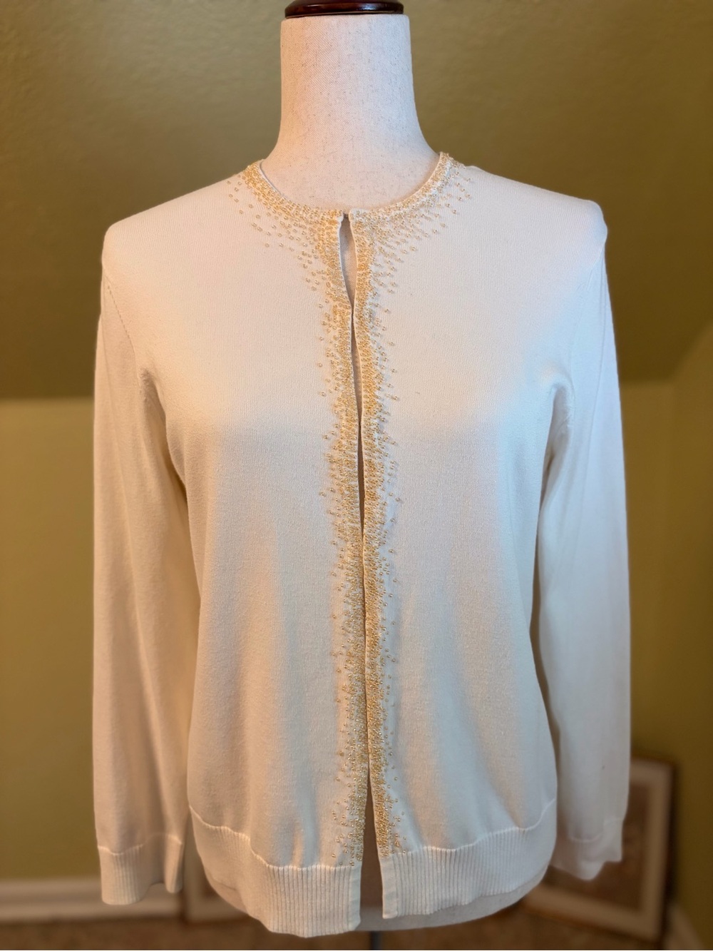 Lands' End Ivory Sweater with Gold Beaded Embellishments